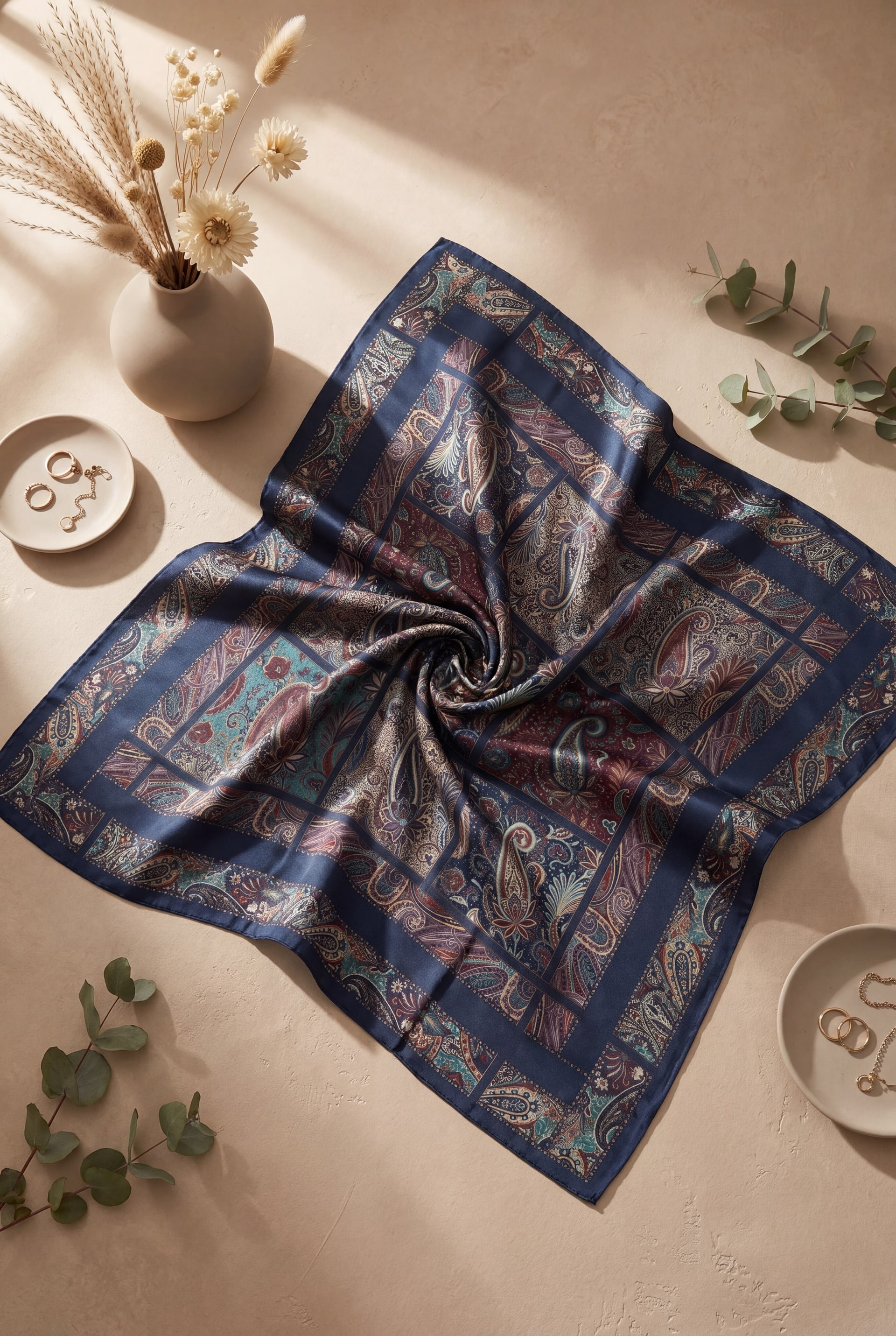 Geometric Framed Rayon Scarf - Petrol Blue - Podyumplus - by Peralane