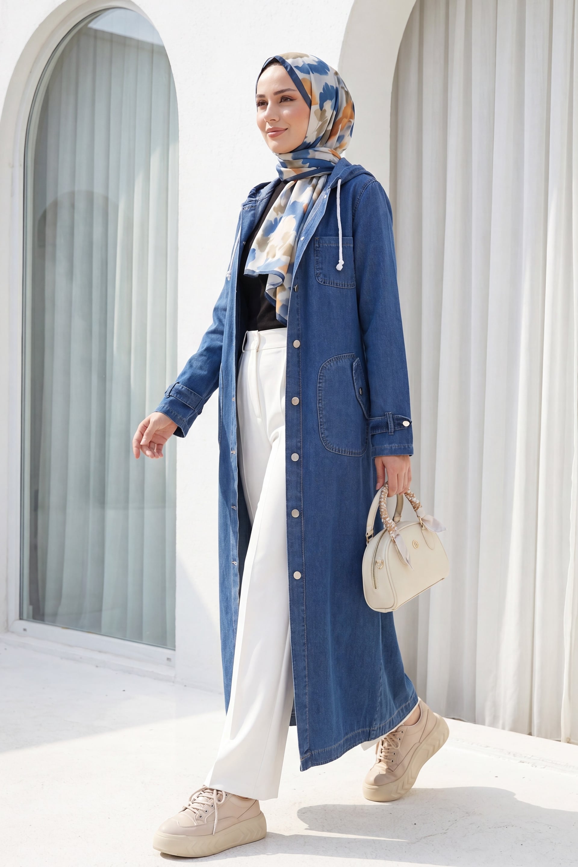 Women's Hooded Denim Trench Coat with Buttoned Pockets - Indigo - Podyumplus - by Peralane - photo 5