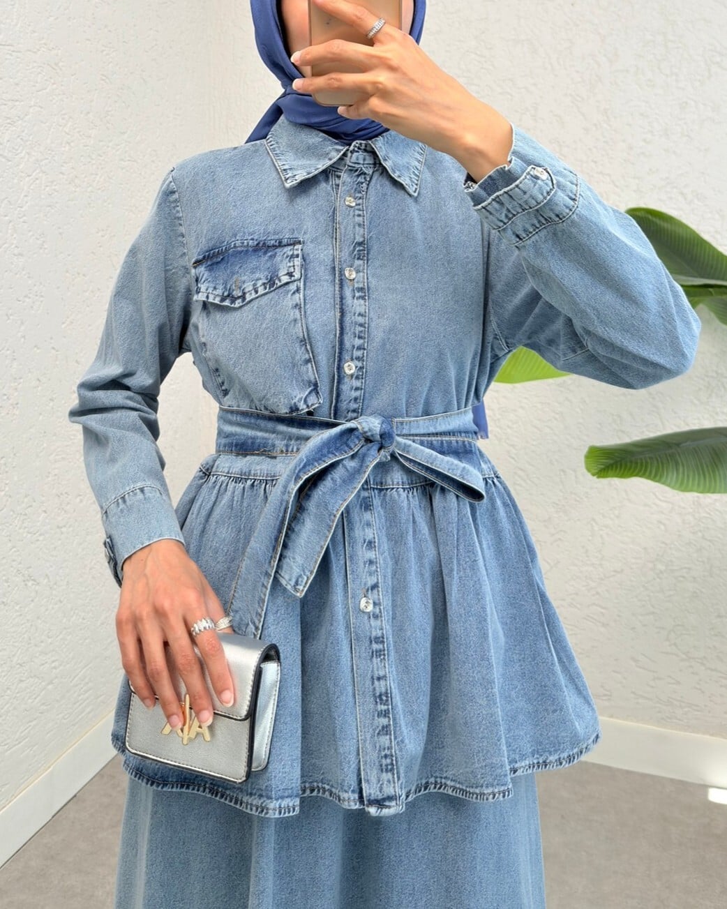 Two-Piece Belted Denim Modest Set with Peplum Top and Maxi Skirt - Ice Blue - Podyumplus - by Peralane - photo 5