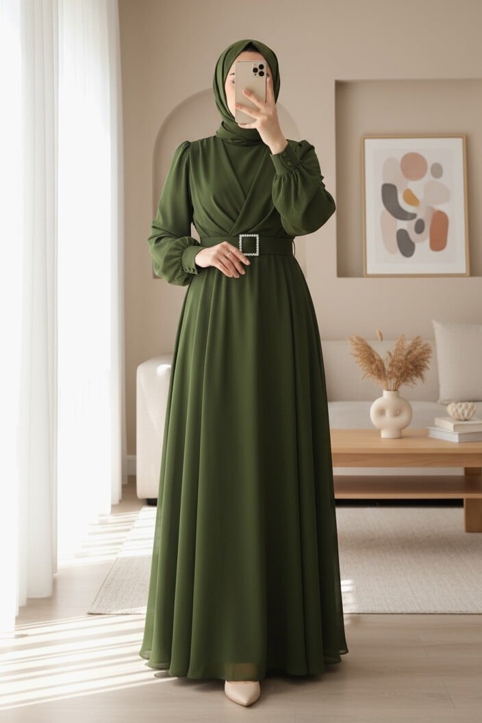 Olive Green Modest Dress with Rhinestone Belt - Podyumplus - by Peralane - photo 4
