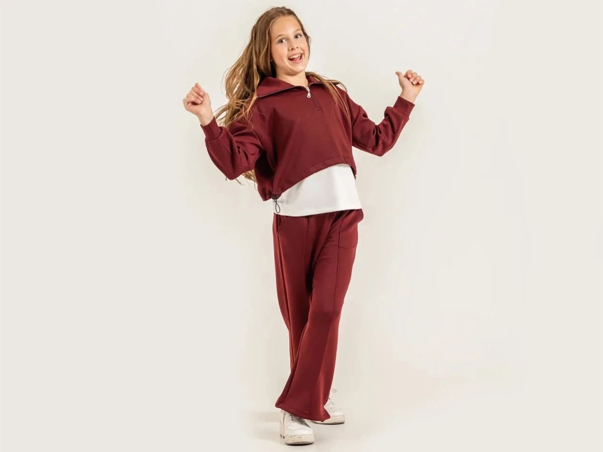 Girls' 3-Piece Zip-Neck Set with Flared Trousers - Plum - ÖZ Bebe - by Peralane