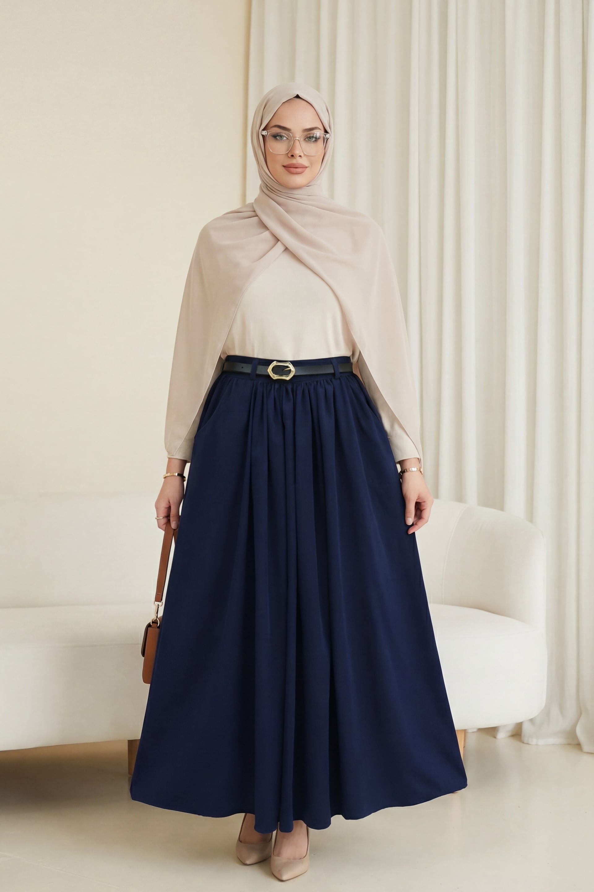 Pleated Tweed Skirt with Buckle Belt and Side Pockets - Navy - Podyumplus - by Peralane - photo 3