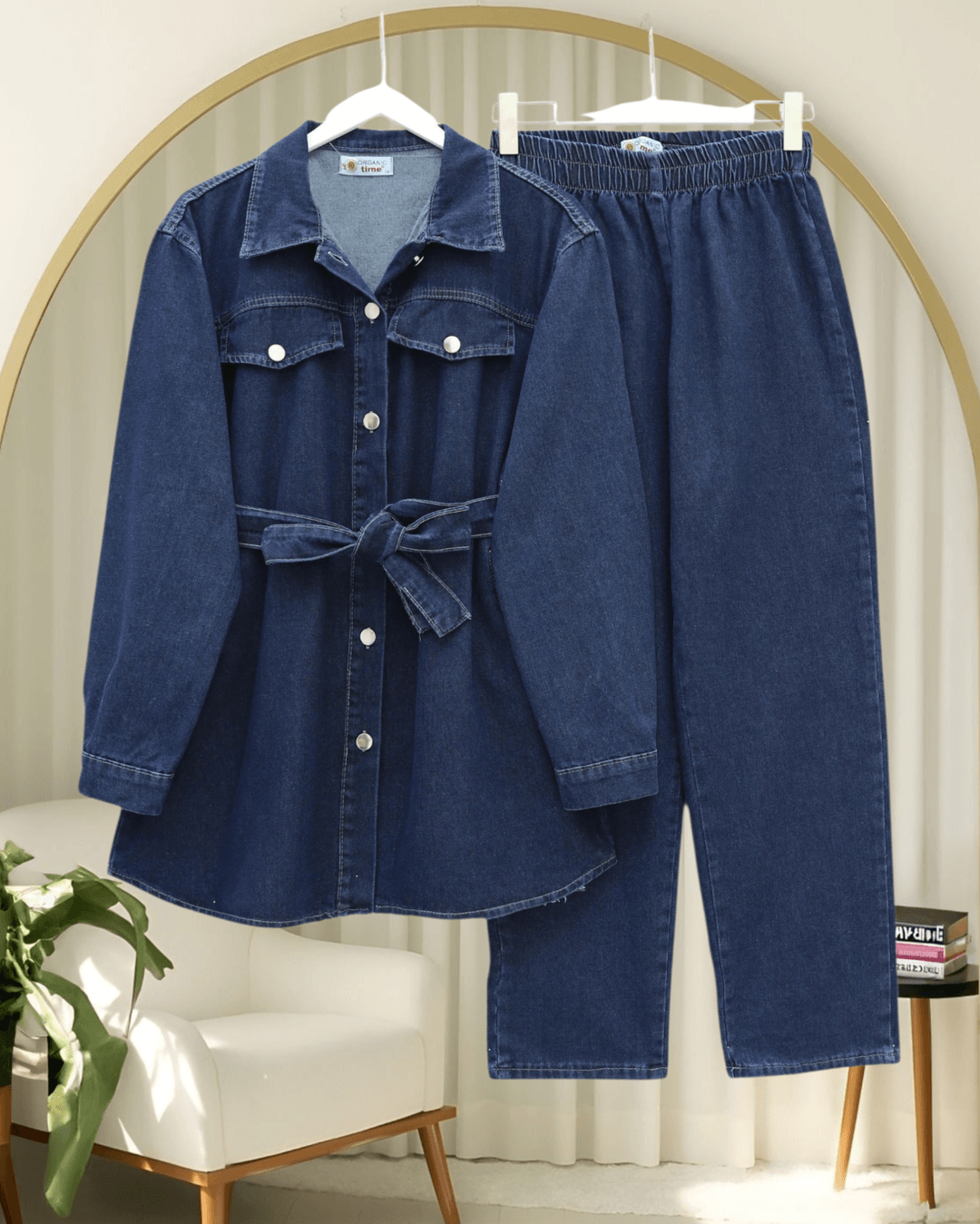 Pocket Buttoned Belted Denim Co-ord Set - Navy Blue - Podyumplus - by Peralane - photo 2