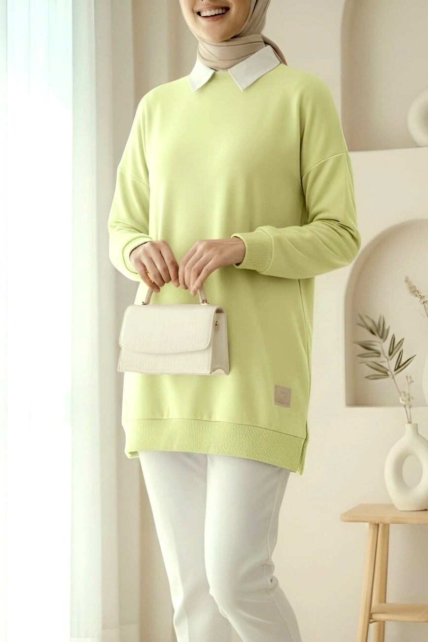 Crew Neck Sweatshirt with Slit and Emblem - Light Yellow - Podyumplus - by Peralane - photo 5