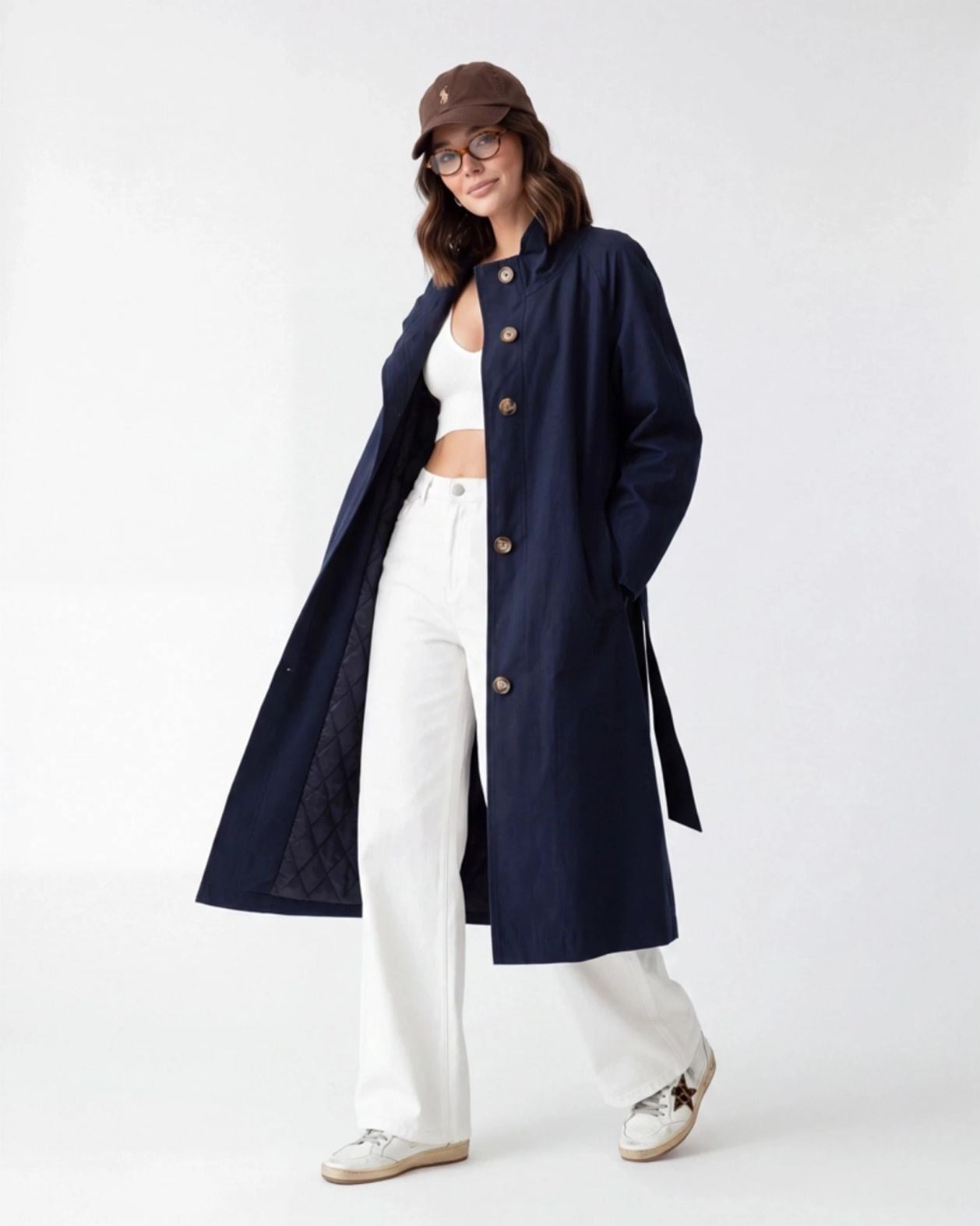 Navy Blue Women's Trench Coat with Belt - Fame - by Peralane