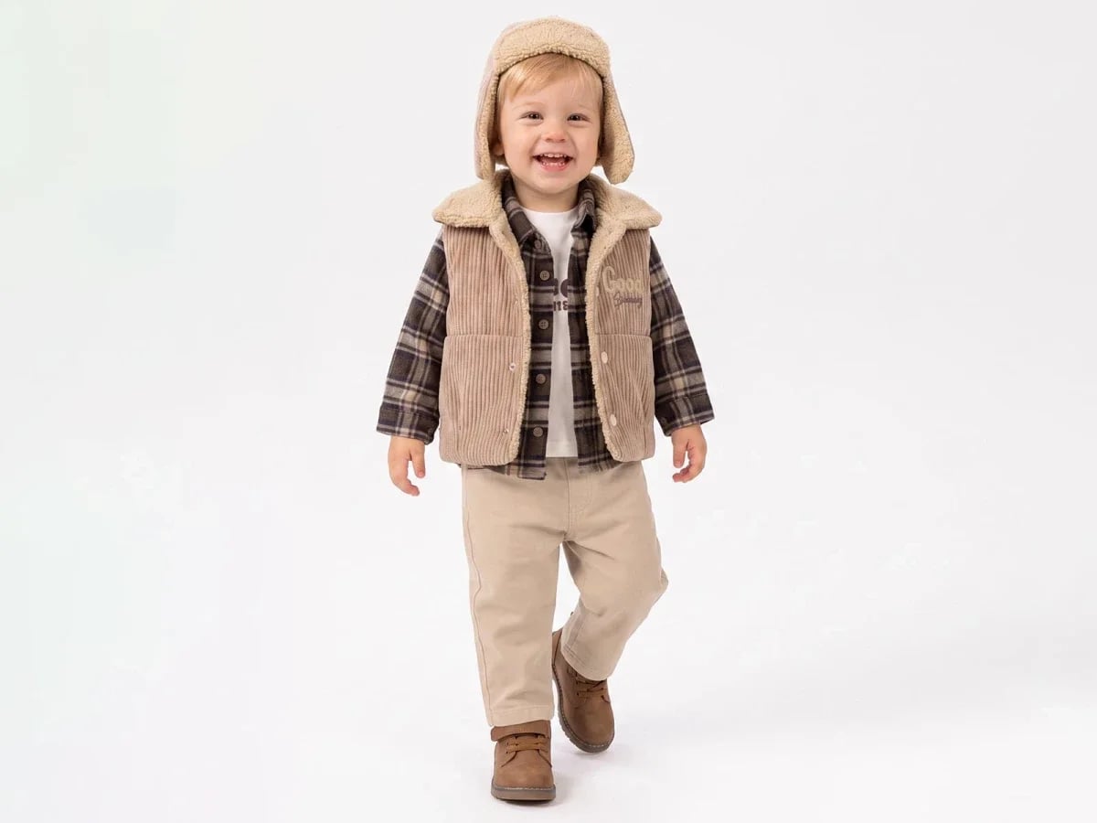 4-Piece Baby Boy Luxury Set with Vest, Plaid Shirt and Beige Trousers - Canoz - by Peralane