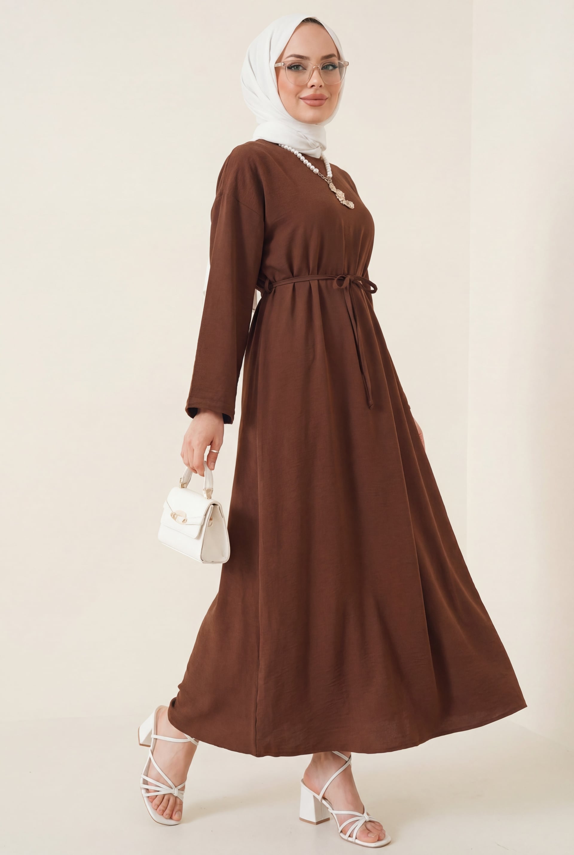 Brown Tie-Waist Long-Sleeve Linen Look Dress with Back Zipper - Podyumplus - by Peralane - photo 2