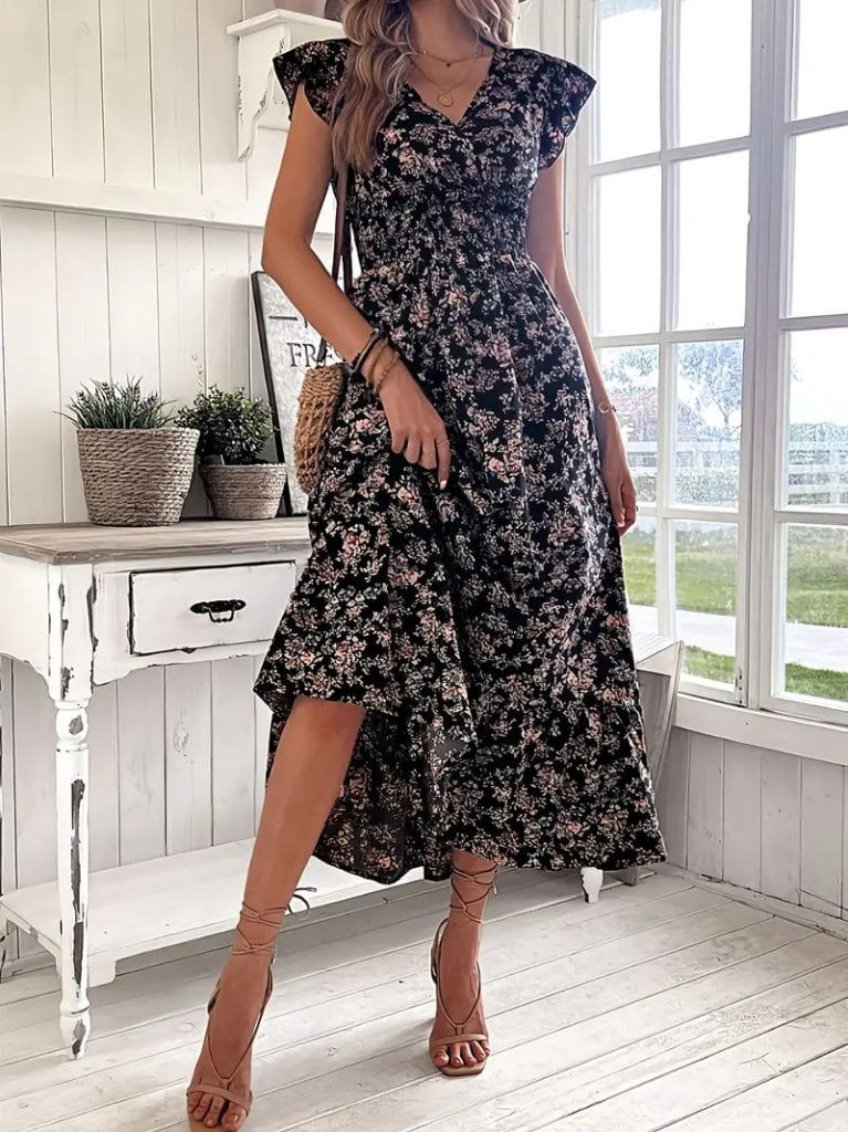 Women's Short-Sleeve V-Neck Floral Midi Dress with Smocked Waist - Janes - by Peralane - photo 4