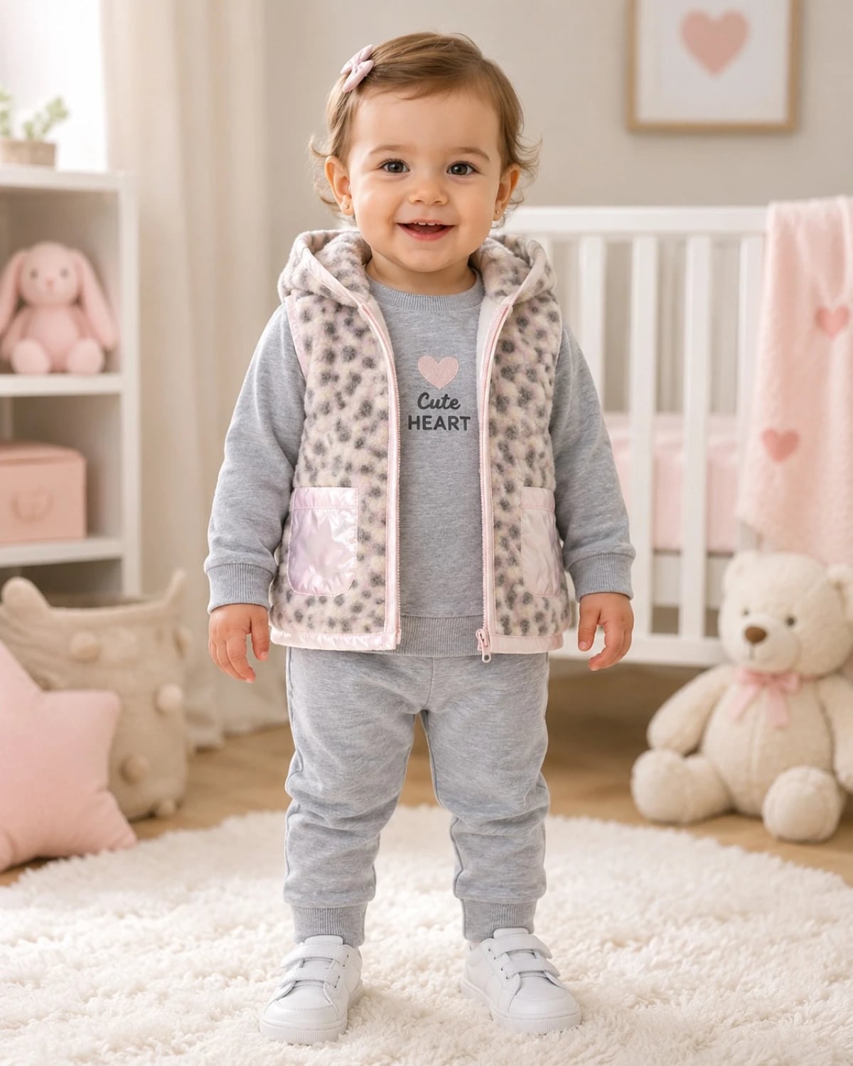 Baby Girls' 3-Piece Sweatshirt, Vest and Jogger Set - Pink Leopard Print - Has Bereket - by Peralane
