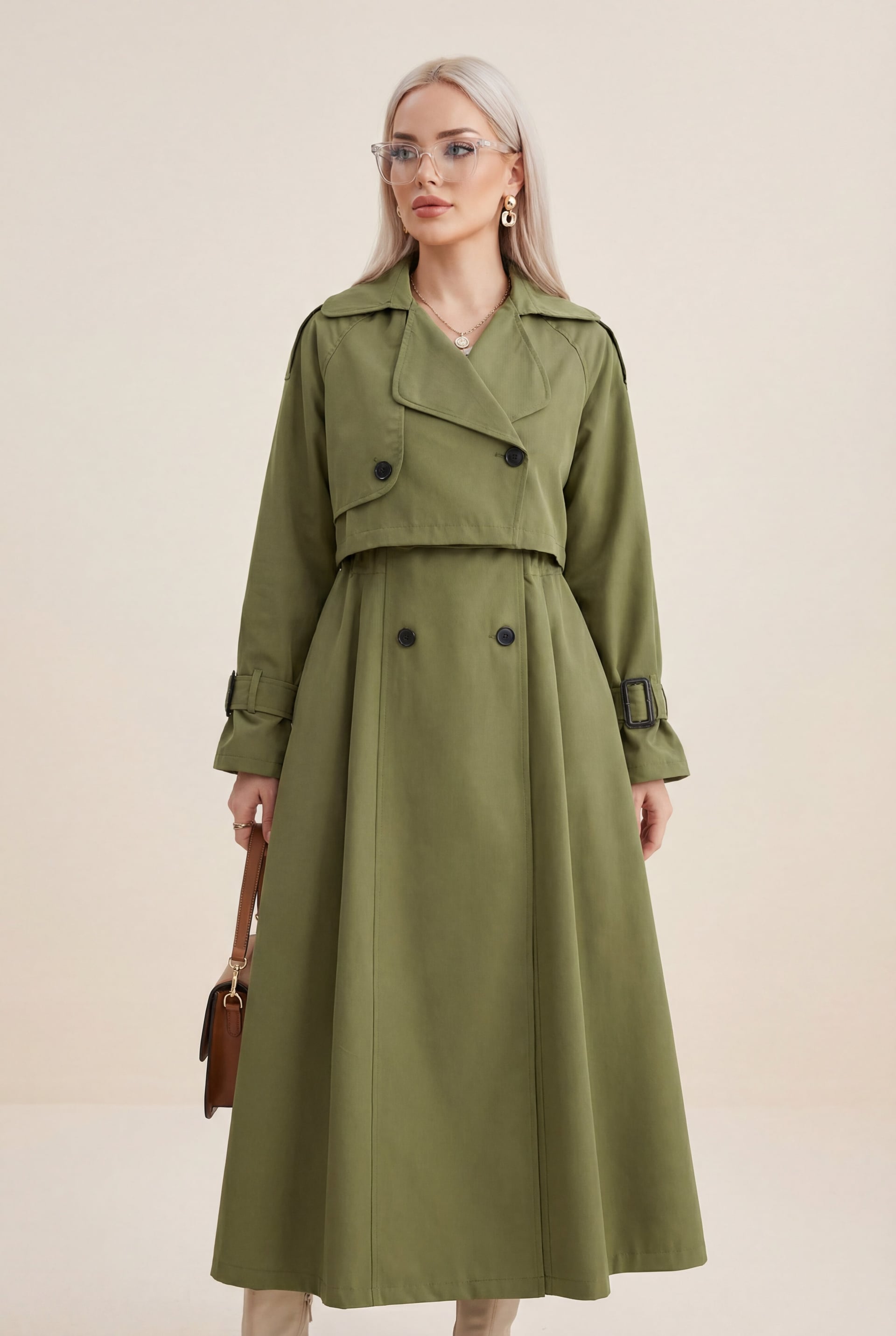 Pleated Skirt Bolero Belted Trench Coat - Khaki - Podyumplus - by Peralane - photo 4