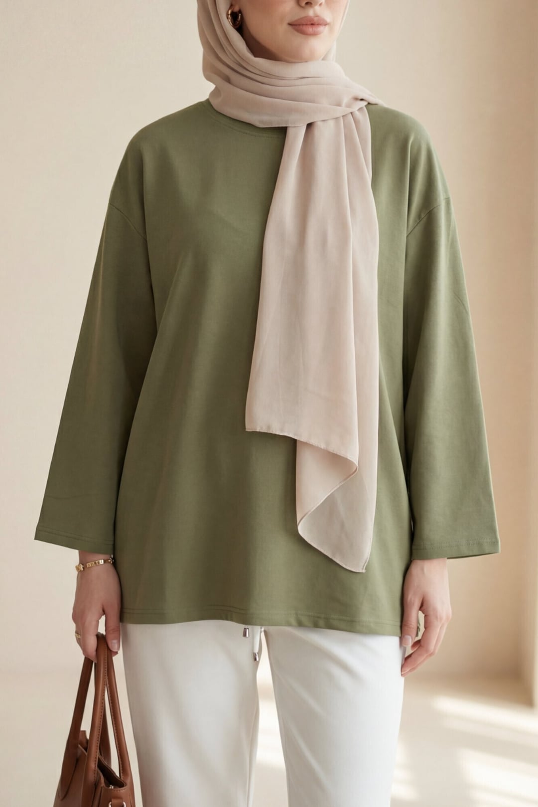 Round Neck Oversized Jersey Tunic in Olive Green - Podyumplus - by Peralane - photo 10