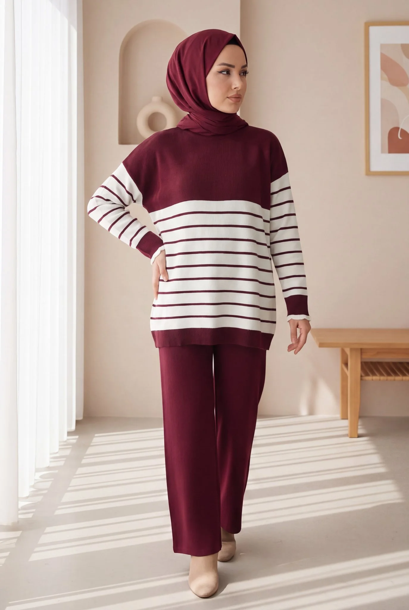 Half-Turtleneck Striped Knit Set - Burgundy - Podyumplus - by Peralane - photo 6