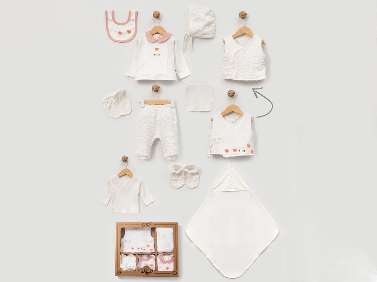 Heart Embroidered 10-Piece Baby Girl Hospital Exit Set in White - Bebly - by Peralane