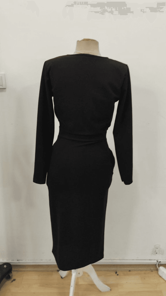 Women's Black Long Sleeve Crew Neck Side Slit Buttoned Midi Crepe Dress - Janes - by Peralane - photo 6