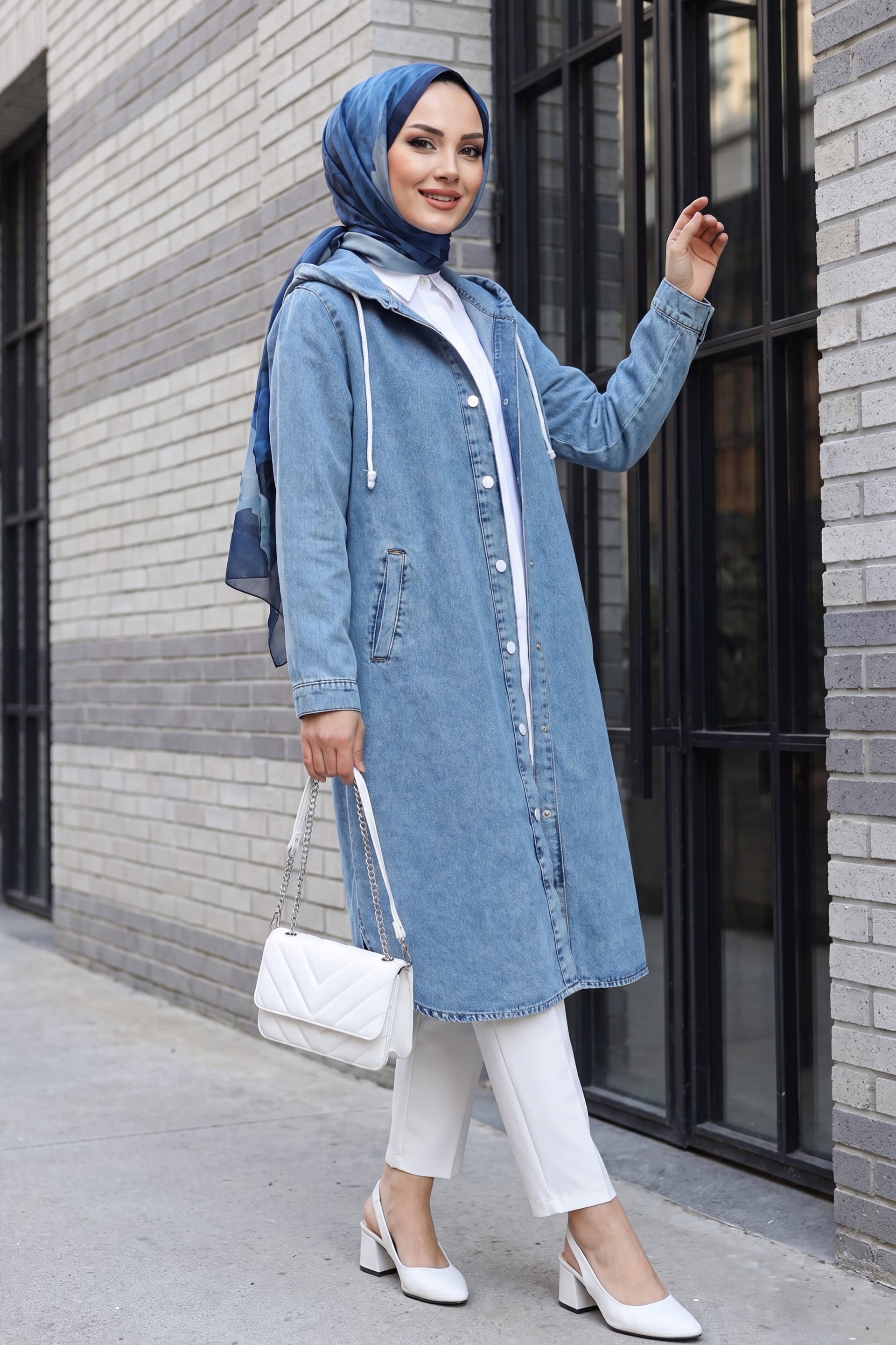 Hooded Buttoned Denim Tunic - Ice Blue - Podyumplus - by Peralane - photo 5