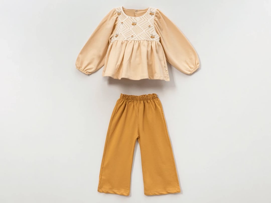 Floral Smocked Girls' Top and Wide-Leg Trousers Set - Vovido - by Peralane