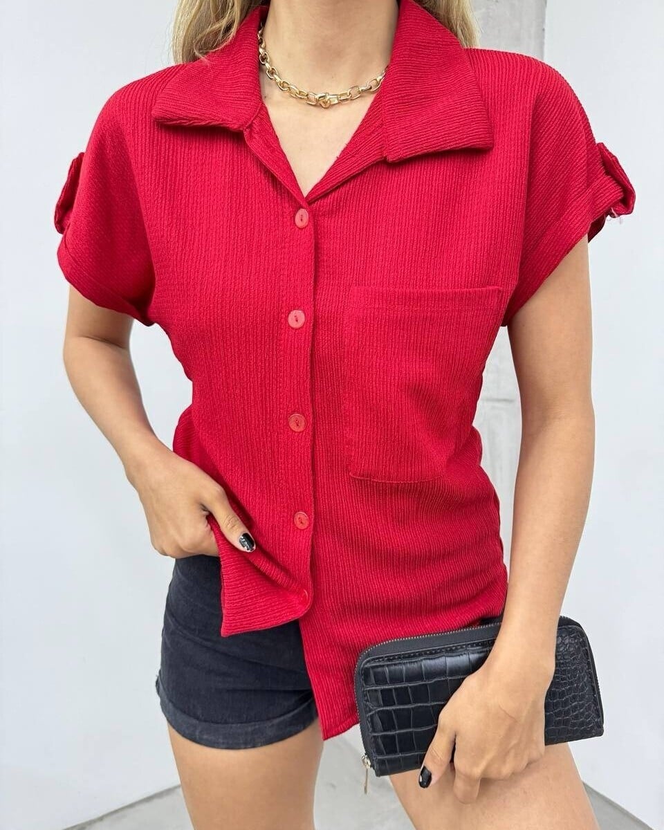 Burgundy Double-Sleeve Crinkle Blouse with Chest Pocket - Podyumplus - by Peralane - photo 5