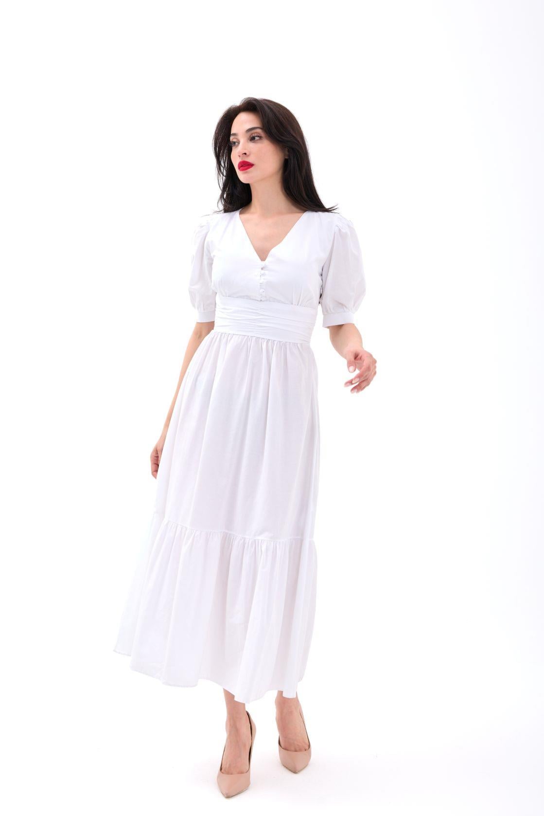 White Tiered Midi Dress with Puff Sleeves - Fame - by Peralane - photo 5