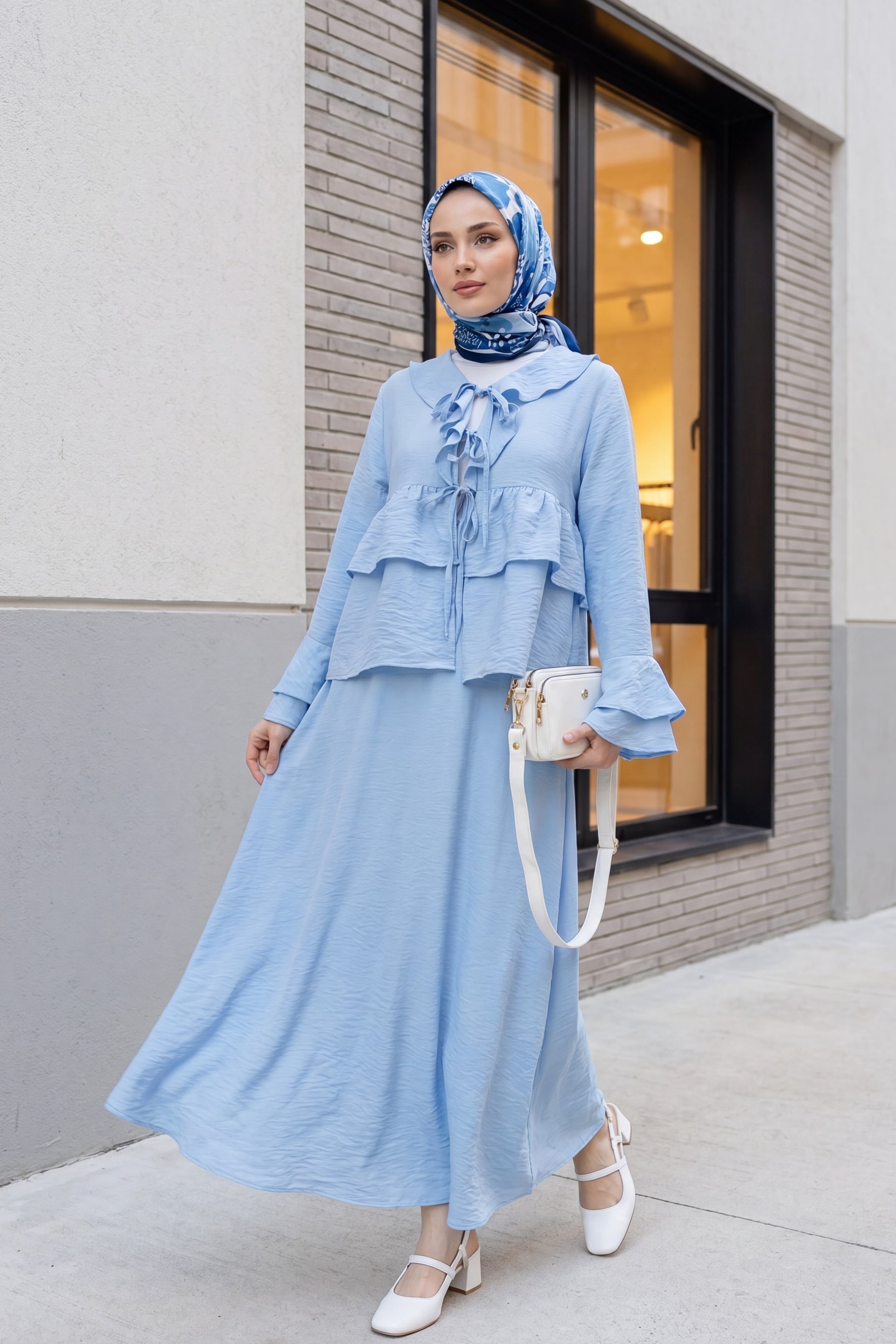 Tie-Front Ruffled Spanish Sleeve Skirt Set in Light Blue | Women's Cupra Kimono Set - Podyumplus - by Peralane