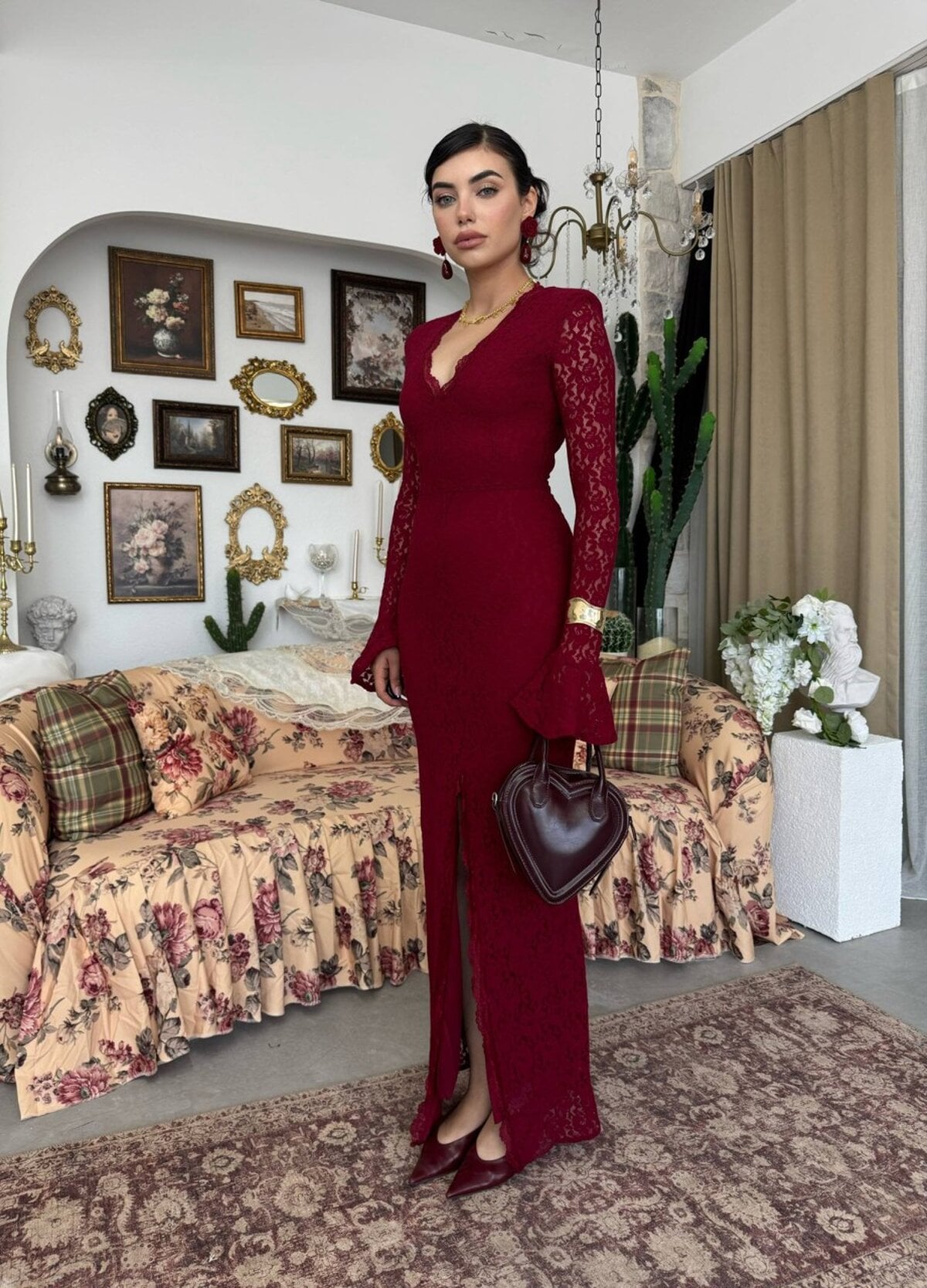 Ruyon Slit Detail Lace Dress in Burgundy - ETK-00890 - Etika - by Peralane - photo 8