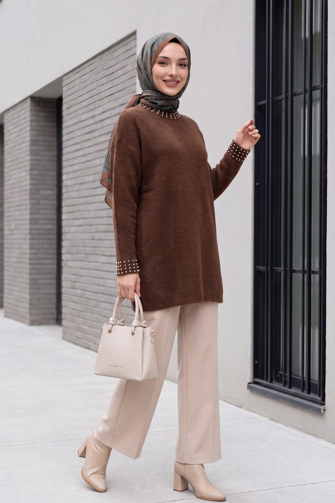 Brown Beaded Fringed Oversized Knit Tunic - Podyumplus - by Peralane - photo 3