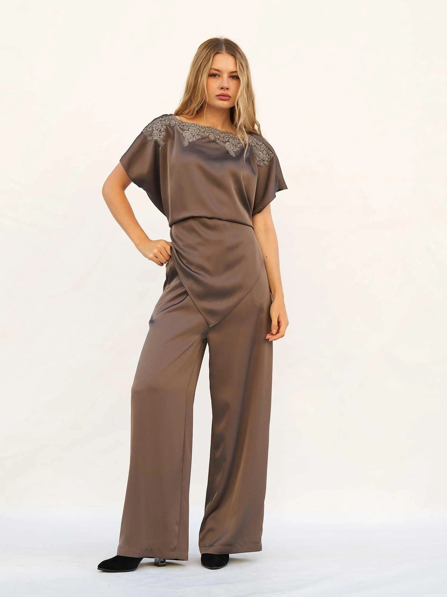 Lace Collar Asymmetric Satin Blouse and Trousers Set - Lefon - by Peralane - photo 4