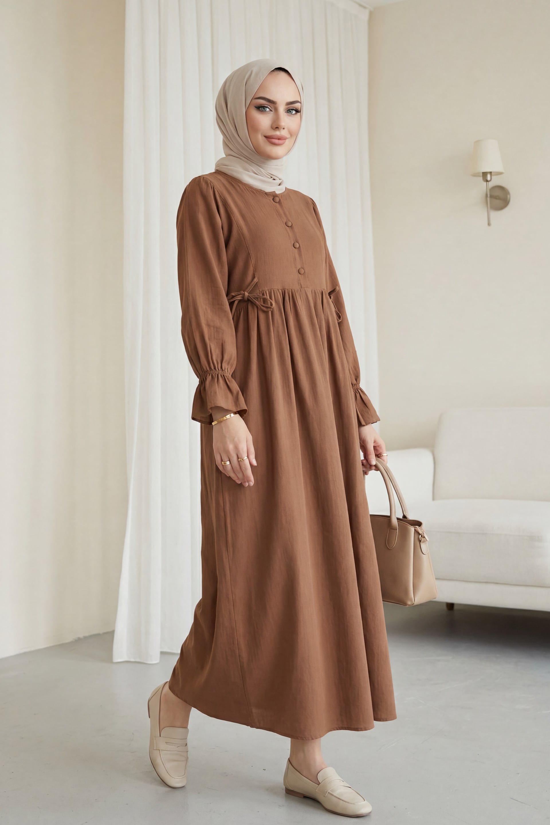 Half Button Long Sleeve Tie Waist Muslin Dress - Light Brown - Podyumplus - by Peralane