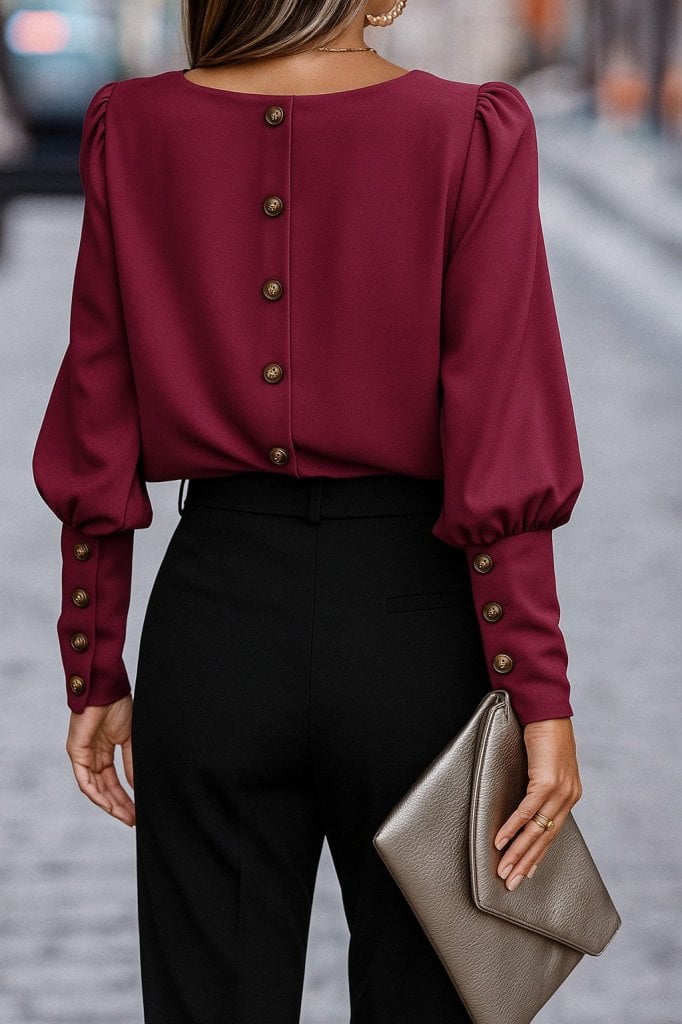 Women's Long Sleeve Round Neck Buttoned Crepe Blouse - Janes - by Peralane - photo 2