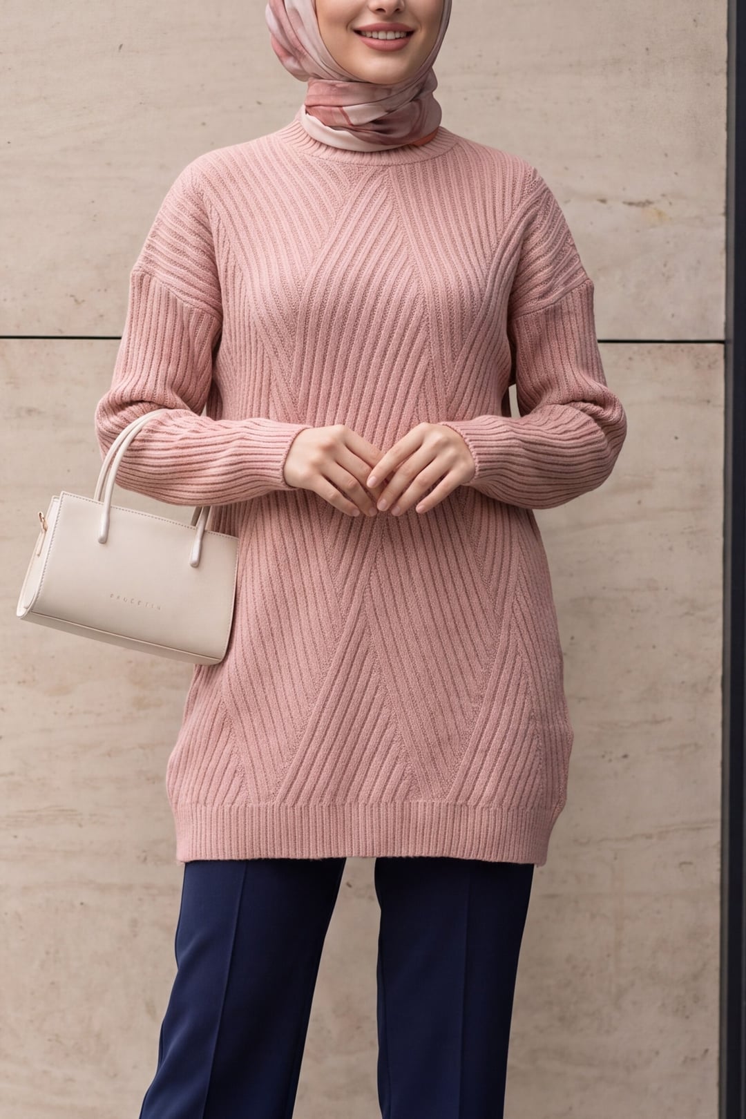 Diamond Pattern Knit Tunic Sweater - Dusty Pink - Podyumplus - by Peralane