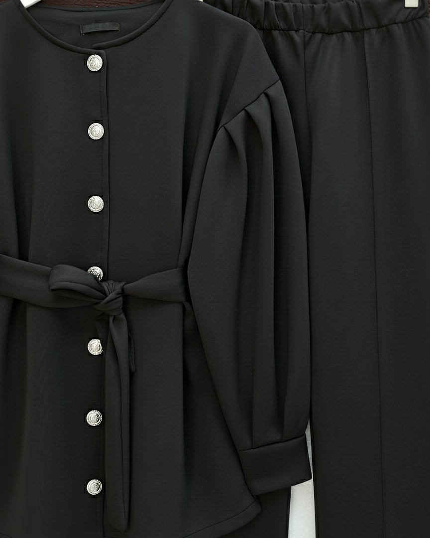 Belted Button-Front Scuba Trousers Set - Black - Podyumplus - by Peralane - photo 6