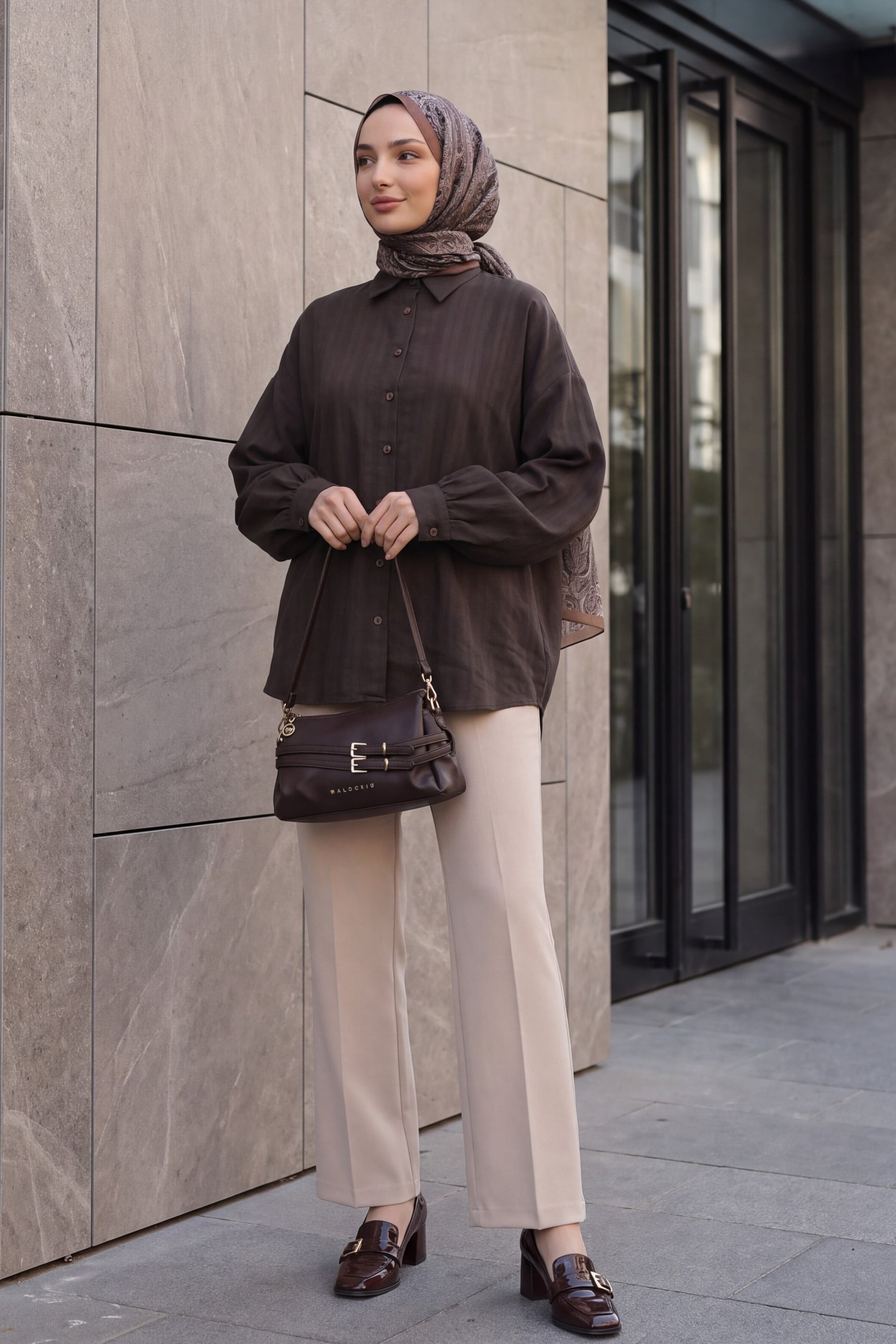 Oversize Button-Down Blouse with Long Curved Back - Dark Brown - Podyumplus - by Peralane - photo 2