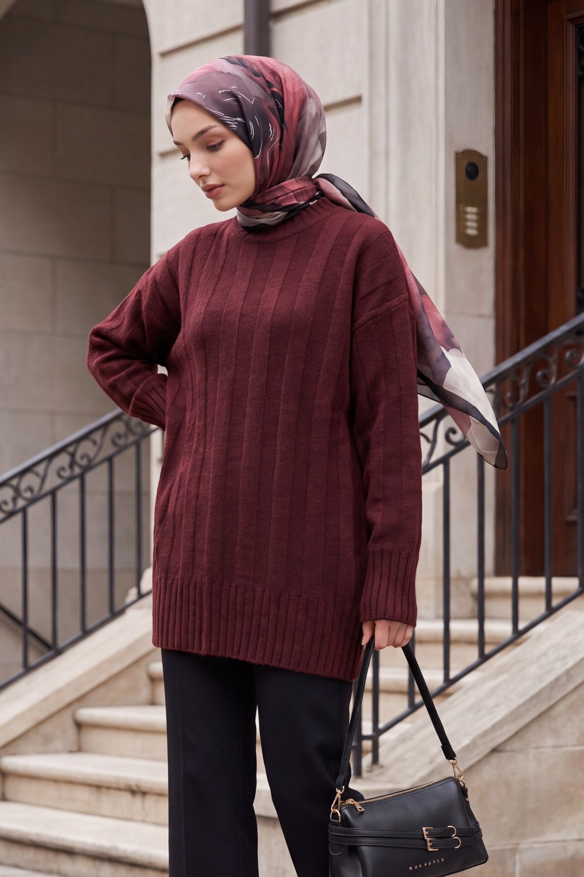 Half-Collar Striped Soft Knit Sweater - Burgundy - Podyumplus - by Peralane