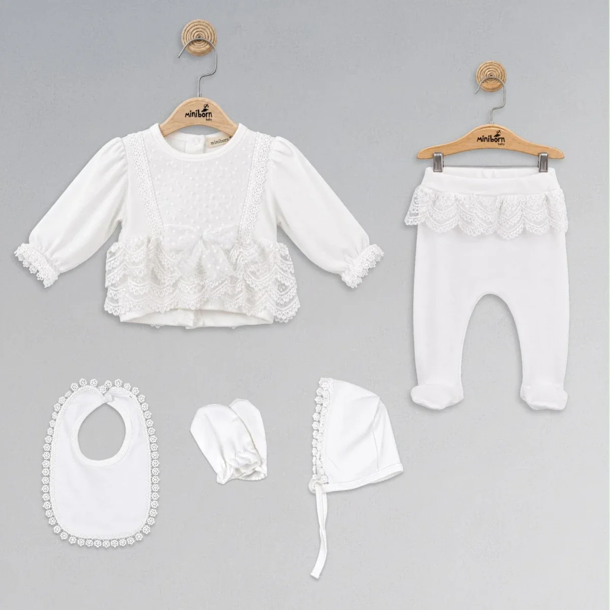 White Lace Baby Layette Set for Newborns (3-Piece) - Miniborn - by Peralane