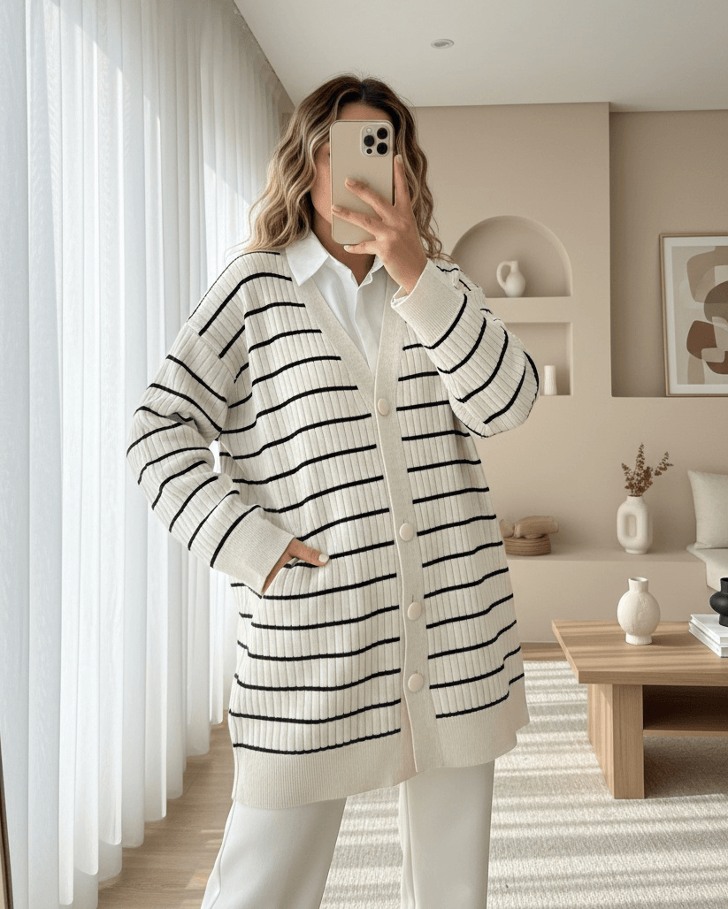 Striped Button-Front Knit Cardigan - Stone - Podyumplus - by Peralane - photo 3