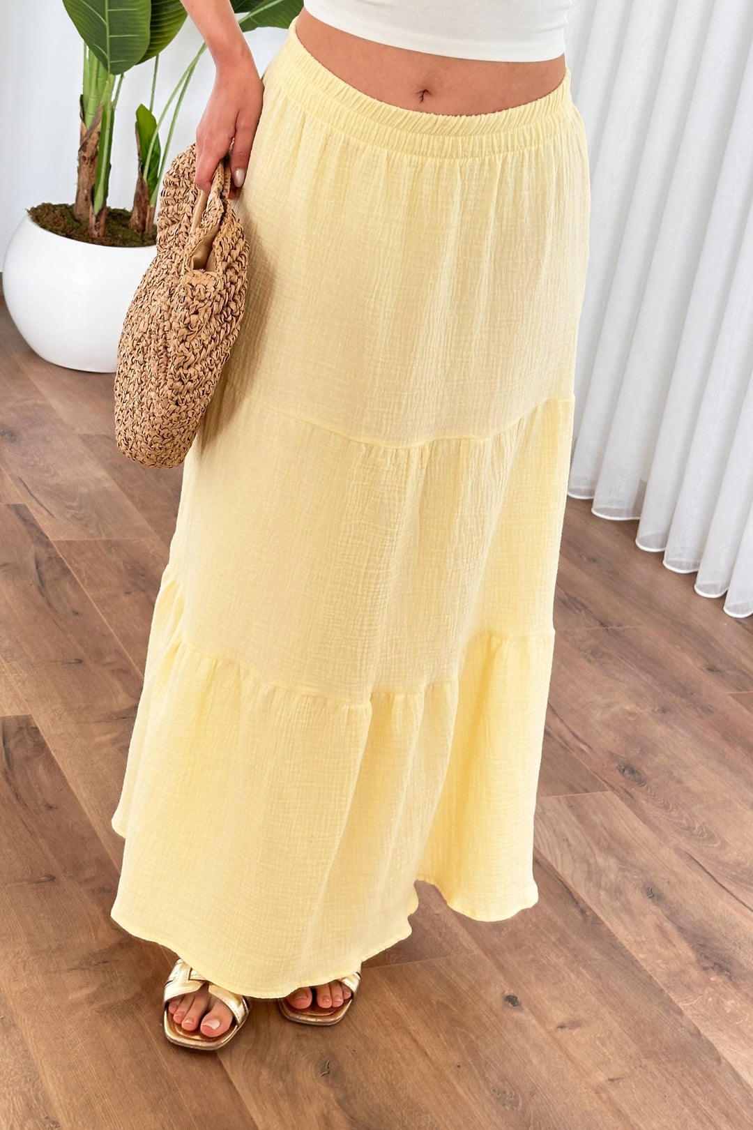 Yellow A-Line Muslin Cotton Long Skirt with Tie-Front Blouse Set - Lustri̇n - by Peralane - photo 3