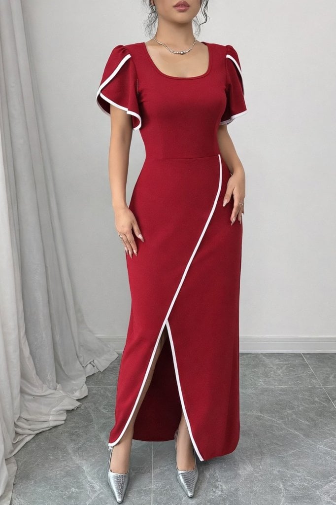 Women's Red Square Neck Short Sleeve Crepe Maxi Dress with Diagonal Seam Detail - Janes - by Peralane - photo 2