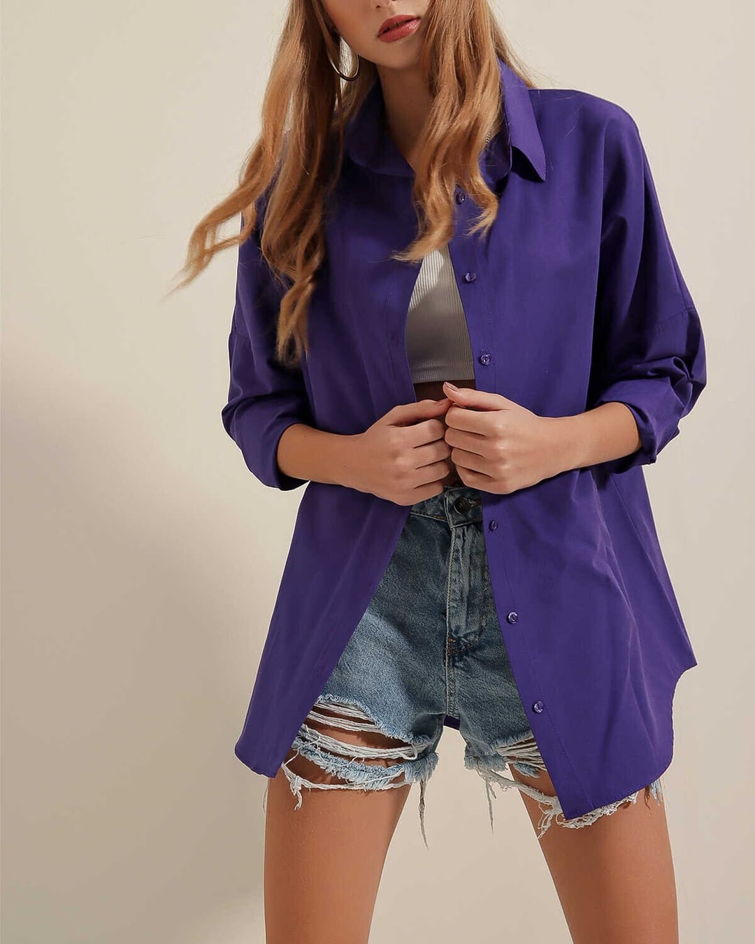 Oversize Long Basic Shirt - Purple - Bigdart - by Peralane - photo 3