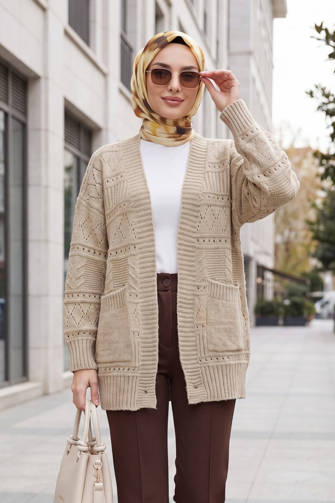 Open-Front Textured Knit Cardigan with Pockets - Light Beige - Podyumplus - by Peralane