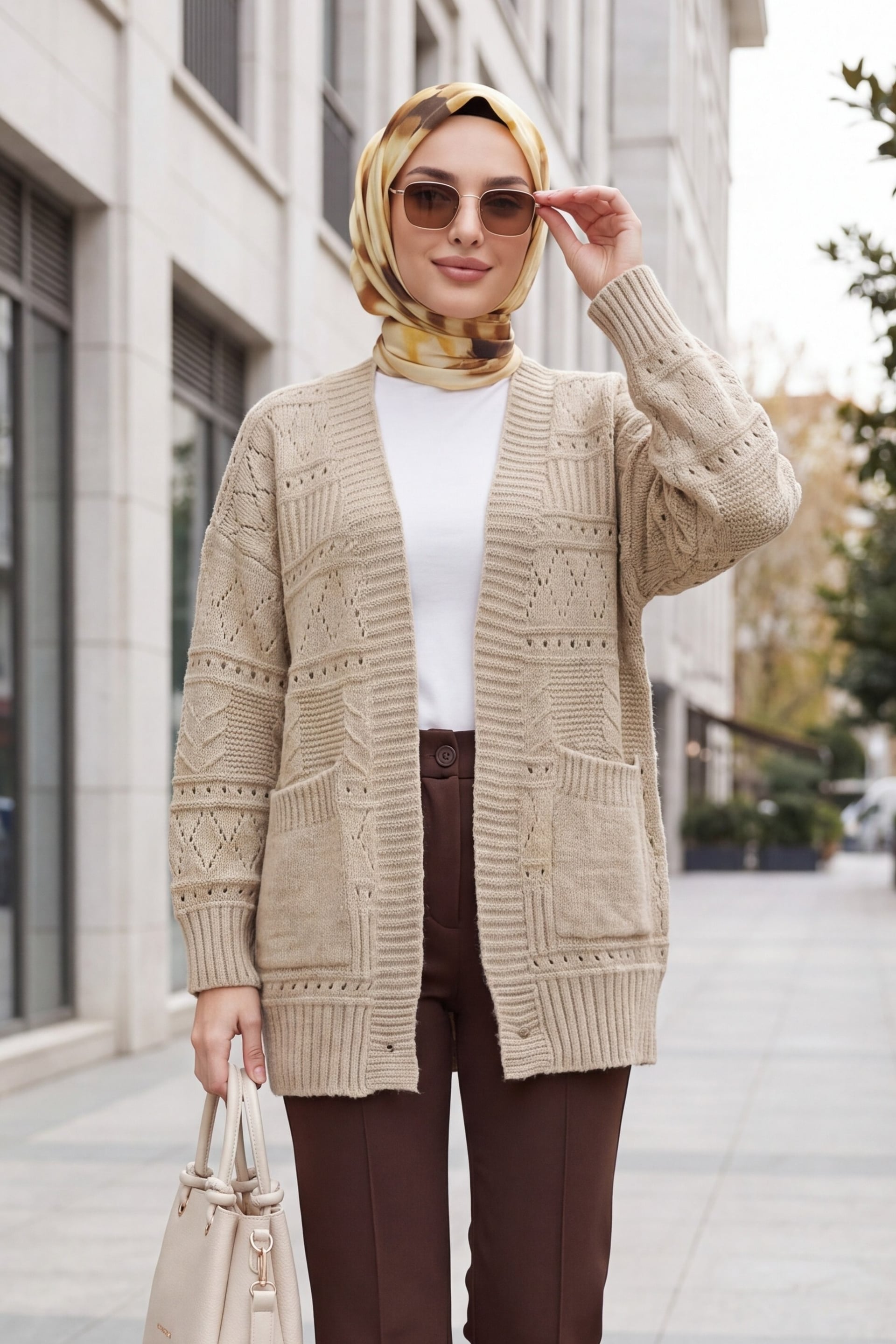 Open-Front Textured Knit Cardigan with Pockets - Light Beige - Podyumplus - by Peralane