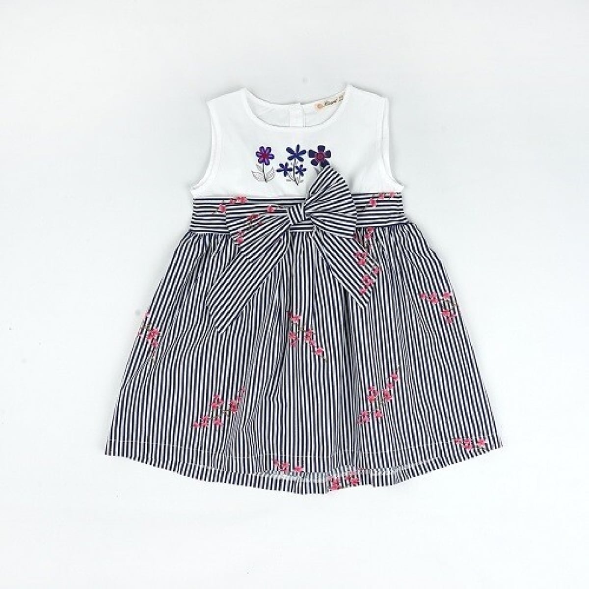 Girls Striped Dress with Floral Embroidery 3-6Y - Busra Bebe - by Peralane