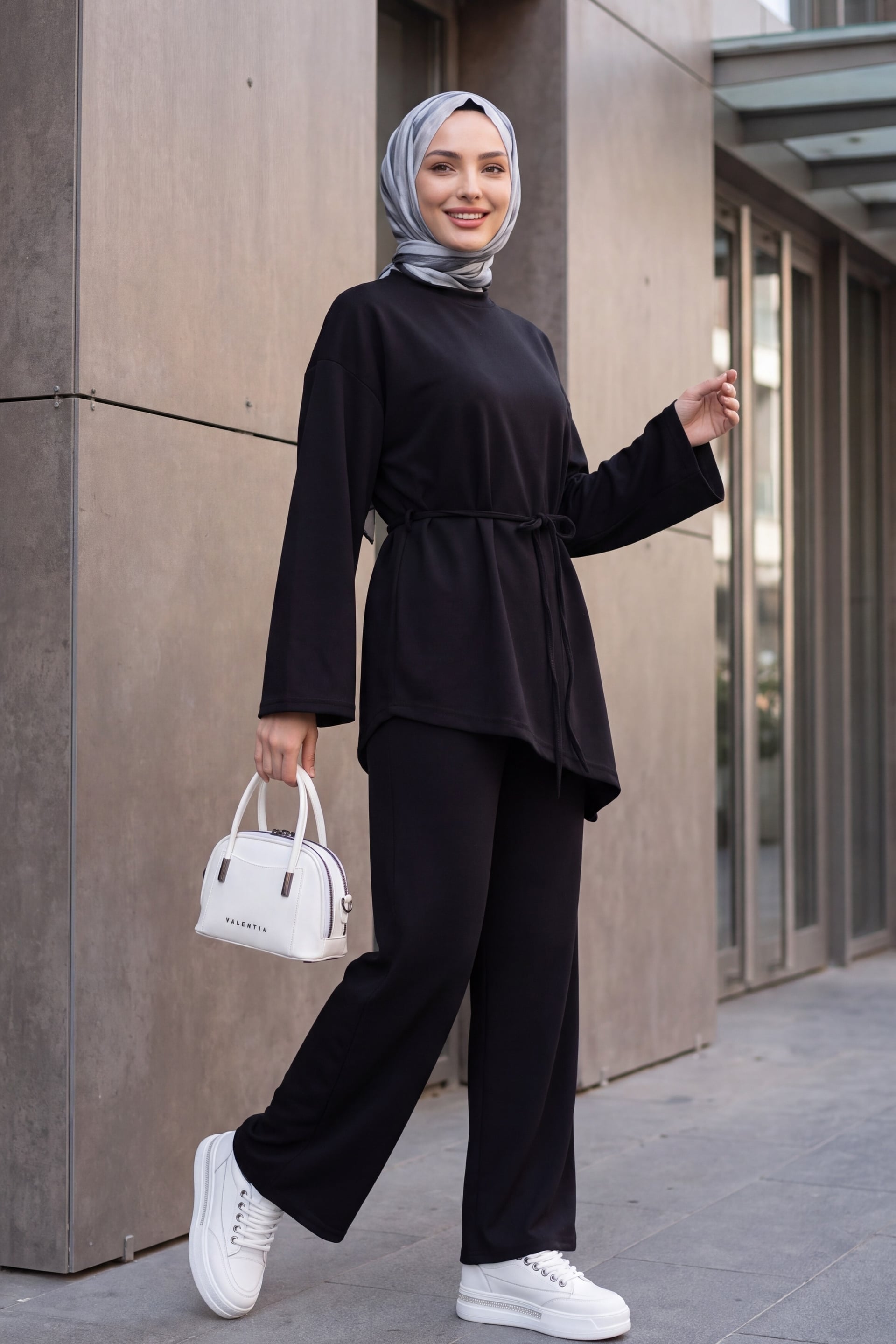 Asymmetric Cut Belted Trousers Oversize Jersey Set - Black - Podyumplus - by Peralane - photo 4