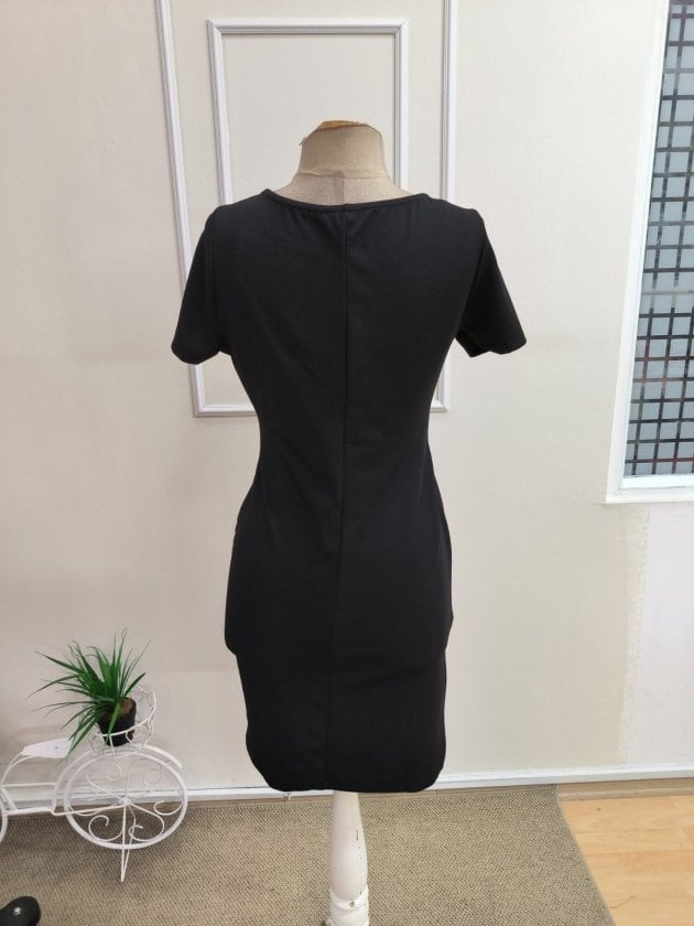 Women's Black Boat Neck Short Sleeve Tulle Detail Side Slit Crepe Dress - Janes - by Peralane - photo 6