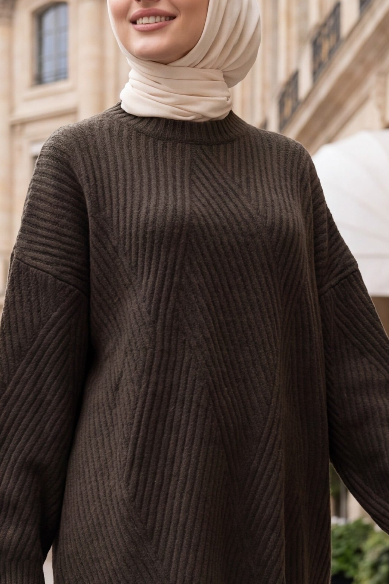 Mock Neck Patterned Relaxed Fit Knit Tunic - Dark Brown - Podyumplus - by Peralane - photo 3