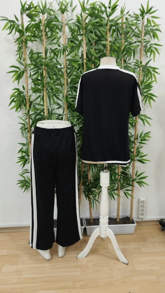 Women's Short Sleeve Crew Neck Two-Tone Stripe Detail Viscose Two-Thread Blouse and Trousers Set - Janes - by Peralane - photo 3