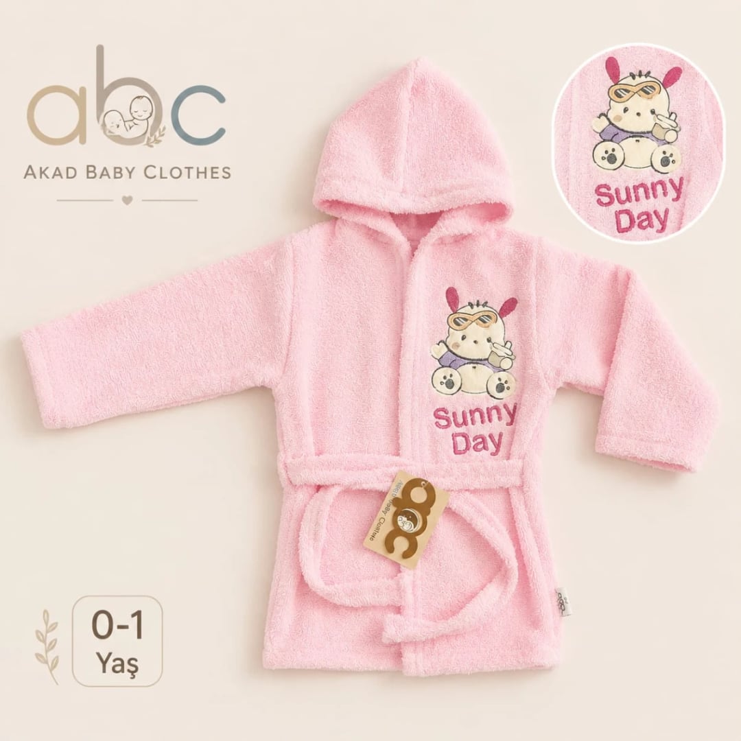 Pink Terry Baby Bathrobe with Sunny Day Motif - Sizes 0-1 Year - Has Bereket - by Peralane
