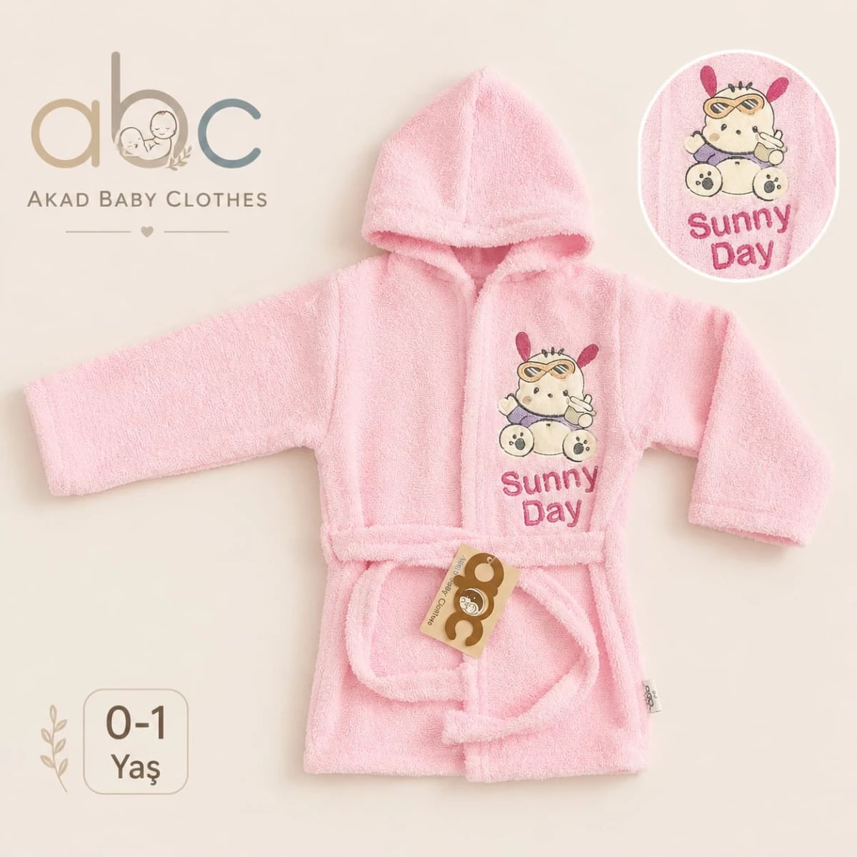 Pink Terry Baby Bathrobe with Sunny Day Motif - Sizes 0-1 Year - Has Bereket - by Peralane