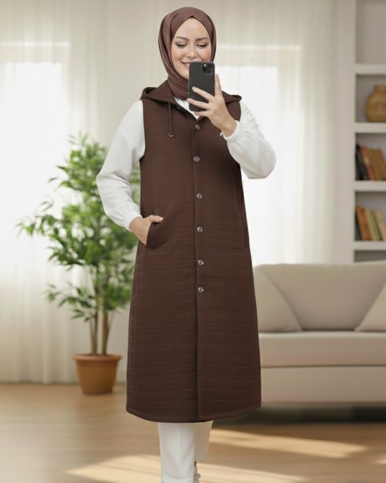 Women's Chain Detail Hooded Quilted Vest - Brown - Podyumplus - by Peralane - photo 3