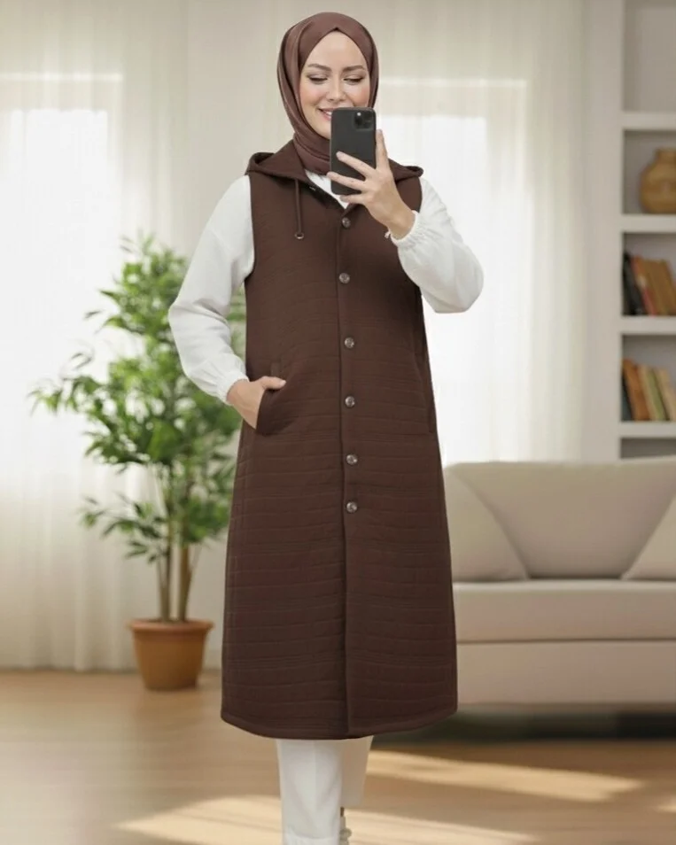 Women's Chain Detail Hooded Quilted Vest - Brown - Podyumplus - by Peralane - photo 3