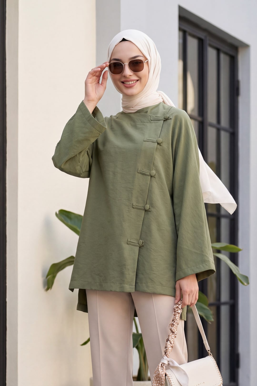 Round Neck Button Front Long Back Polyviscose Tunic - Olive Green - Podyumplus - by Peralane - photo 3