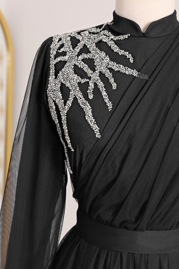 Black Sequin Embellished Tulle Evening Dress with Belt - Podyumplus - by Peralane - photo 7